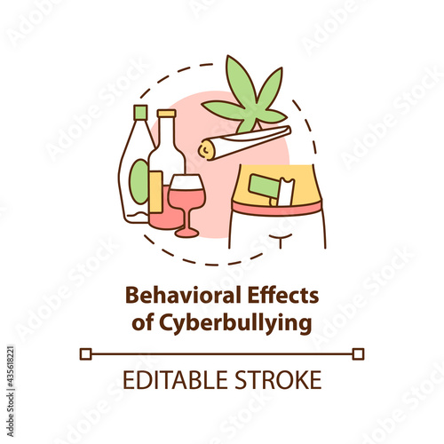 Behavioral cyberbullying effects concept icon. Negative aftermaths idea thin line illustration. Engaging in substance abuse. Avoiding school. Vector isolated outline RGB color drawing. Editable stroke