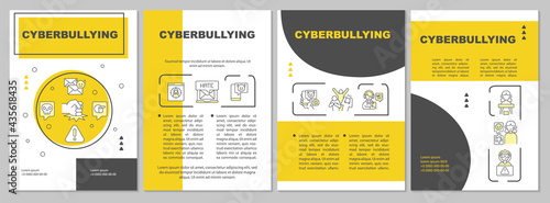 Cyberbullying brochure template. Sharing negative content. Flyer, booklet, leaflet print, cover design with linear icons. Vector layouts for presentation, annual reports, advertisement pages