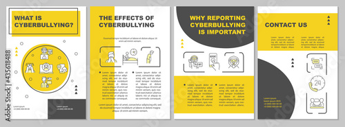 Cyberbullying meaning brochure template. Reporting cyberharassment. Flyer, booklet, leaflet print, cover design with linear icons. Vector layouts for presentation, annual reports, advertisement pages
