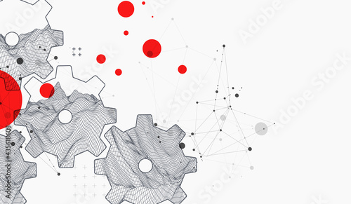 Modern science or technology abstract background using cogwheel. Wireframe spot surface illustration. Vector.