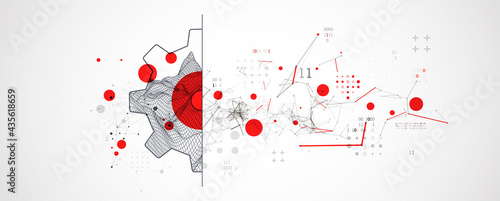 Modern science or technology abstract background using cogwheel. Wireframe spot surface illustration. Vector.