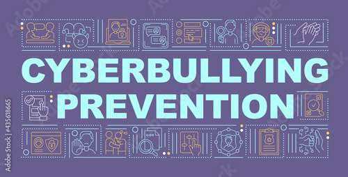 Cyberbullying prevention word concepts banner. Accounts security. Global awareness. Infographics with linear icons on purple background. Isolated typography. Vector outline RGB color illustration