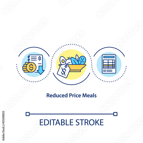 Reduced price meals concept icon. Making discounts in school caffeteria for students. Food preparing idea thin line illustration. Vector isolated outline RGB color drawing. Editable stroke