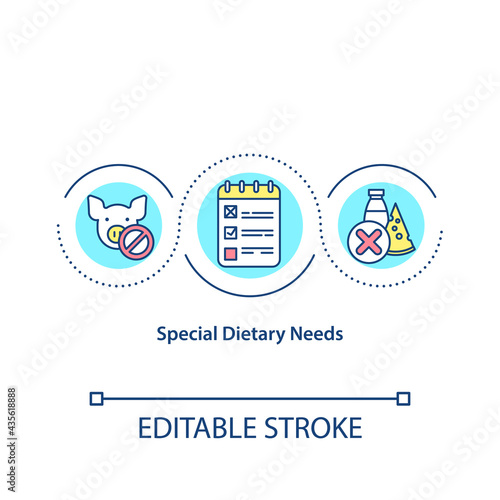 Special dietary needs concept icon. Students that can not eat foods that contain lactose. Special menu idea thin line illustration. Vector isolated outline RGB color drawing. Editable stroke