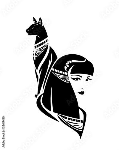 beautiful young woman head and sitting cat with traditional ancient Egyptian decor - Bastet goddess black and white vector portrait