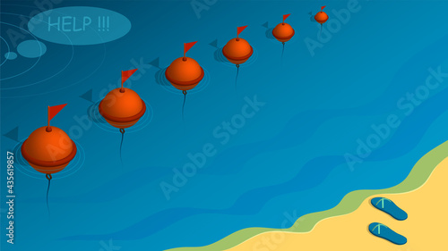 restrictive buoys on water. Man drowns and asks for help. Violation of safety rules on vacation. Concept. Vector