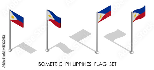 isometric Flag of Republic of Philippines in static position and in motion on flagpole. 3d vector