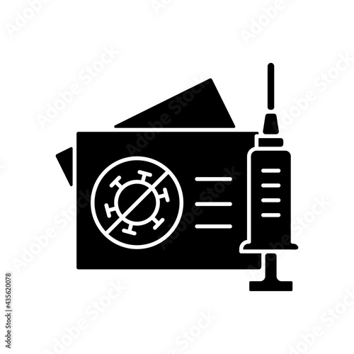 Vaccination card black glyph icon. Covid immunization certificate. Pass for vaccinated tourist. Health care and medicine. Silhouette symbol on white space. Vector isolated illustration