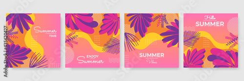 Trendy summer colourful abstract square art templates with floral tree and geometric elements. Suitable for social media posts, mobile apps, banners design and web/internet ads. Fashion backgrounds.