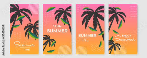 Trendy summer colourful abstract square art templates with floral tree and geometric elements. Suitable for social media posts, mobile apps, banners design and web/internet ads. Fashion backgrounds.