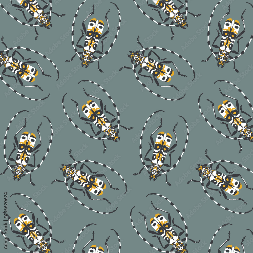 Seamless pattern with detailed illustrations of longhorn beetle insects on a green background in scattered repeat.