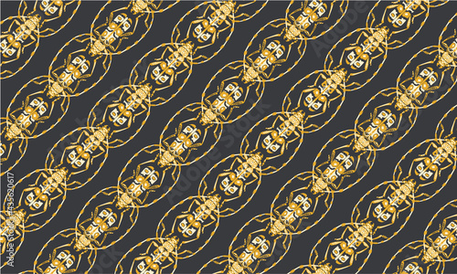 Seamless pattern with detailed illustrations of longhorn beetle insects on a black background in diagonal repeat.