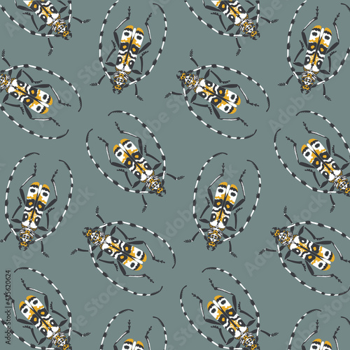 Seamless pattern with detailed illustrations of longhorn beetle insects on a green background in scattered repeat.