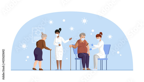 People vaccination for immunity health. Senior age queue up for vaccinations. Nurse in clinic giving coronavirus vaccine to elderly man use syringe