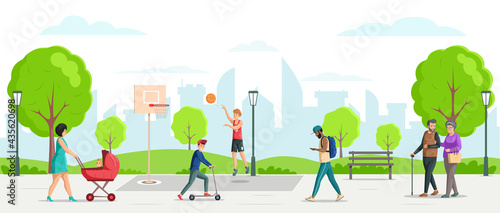 Happy people enjoying summer outdoor activity at park vector flat