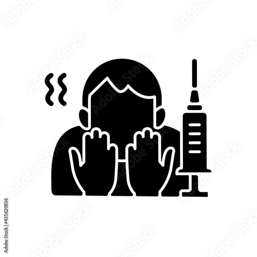 Fear of vaccination black glyph icon. Phobia of injection. Afraid of syringe needles. Health treatment problem. Scared of vaccine shot. Silhouette symbol on white space. Vector isolated illustration