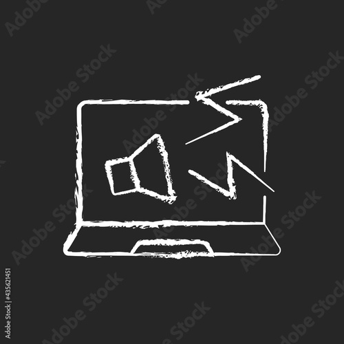 Computer makes strange noises chalk white icon on black background. Loud sound from notebook. System issue symptom. Software failure on PC. Laptop problems. Isolated vector chalkboard illustration