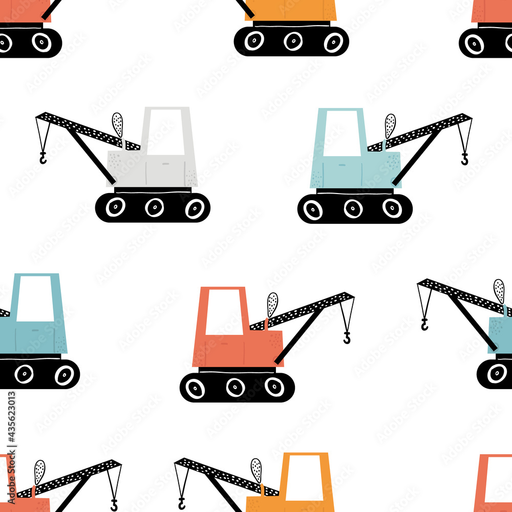 Vector hand-drawn seamless repeating children simple pattern with cars in Scandinavian style on a white background.Kids seamless pattern with building equipment. Funny construction transport Vector hand-drawn seamless repeating children simple pattern with cars in Scandinavian style on a white background.Kids seamless pattern with building equipment. Funny construction transport