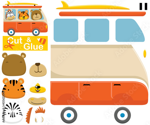Funny animals on van. Education paper game for children. Cutout and gluing. Vector cartoon illustration