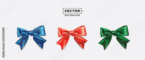 Set of Satin Ribbon Knot Bow. Vector. Red, blue, green Christmas decoration