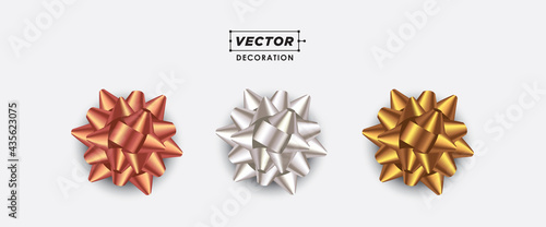 Vector Gift Bow decorations set. Metallic colors Satin Ribbon Bow isolated . Christmas Gold, silver, cooper bow-knot