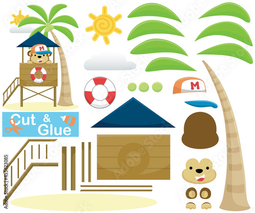 Cartoon of funny monkey the coast guard on lifeguard post. Education paper game for children