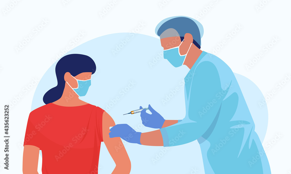 Professional doctor or nurse injects COVID-19 vaccine in a patient's shoulder at clinic.Concept immunization and vaccination of people against infection and virus disease. Vector illustration.