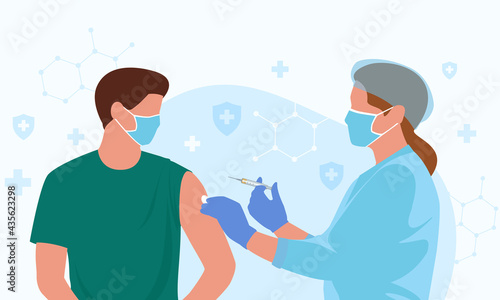 Professional doctor or nurse injects COVID-19 vaccine in a patient's shoulder at clinic.Concept immunization and vaccination of people against infection and virus disease. Vector illustration.