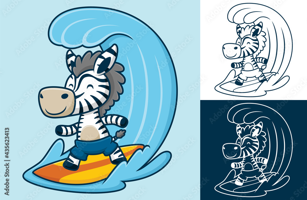 Funny zebra surfing in big wave. Vector cartoon illustration in flat icon style Funny zebra surfing in big wave. Vector cartoon illustration in flat icon style