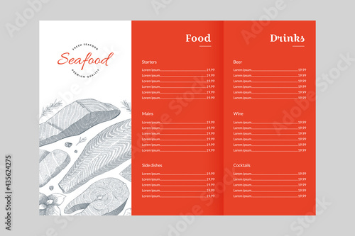 Seafood restaurant menu design, A4 Trifold Menu Printing, vector template with vintage ink illustrations of salmon fish and ingredients, take-away restaurant menu