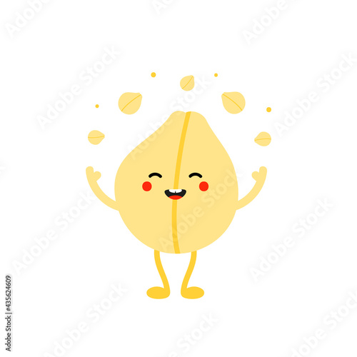 Cute smiling cartoon style chickpeas, chick pea seed character juggling, throwing up small chickpeas and confetti in the air.