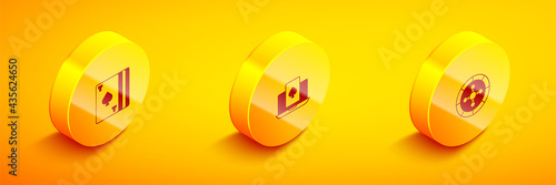 Set Isometric Deck of playing cards, Online poker table game and Casino roulette wheel icon. Vector