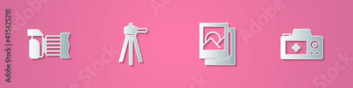 Set paper cut Photo camera, Tripod, frame and icon. Paper art style. Vector