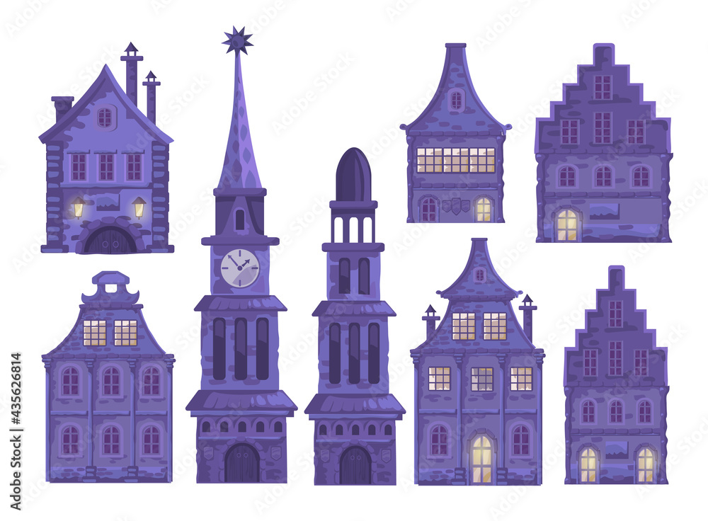 Set with traditional European old town.Town hall, chapel, beautiful houses, city street. Vector cartoon ancient buildings on white background. Isolated