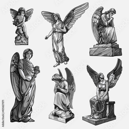 Set off Crying praying Angels sculptures with wings. Monochrome illustration of the statues of an angel. Isolated. Vector illustration