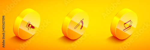 Set Isometric Electrical hair clipper, Straight razor and Coffee cup icon. Vector