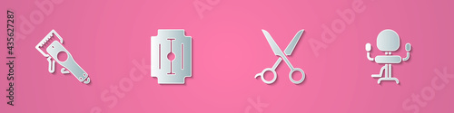 Set paper cut Electrical hair clipper, Blade razor, Scissors hairdresser and Barbershop chair icon. Paper art style. Vector