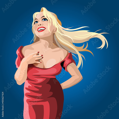 The Long haired blonde girl stands beautifully and laughs. Graceful pose. Beautiful female figure. Beautiful woman in red dress.Colorful vector illustration