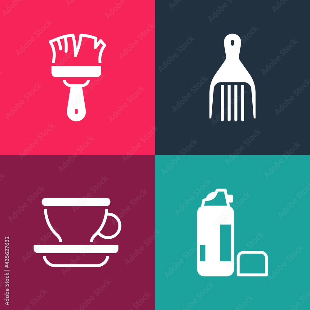 Set pop art Shaving gel foam, Coffee cup, Barrette and brush icon. Vector Set pop art Shaving gel foam, Coffee cup, Barrette and brush icon. Vector
