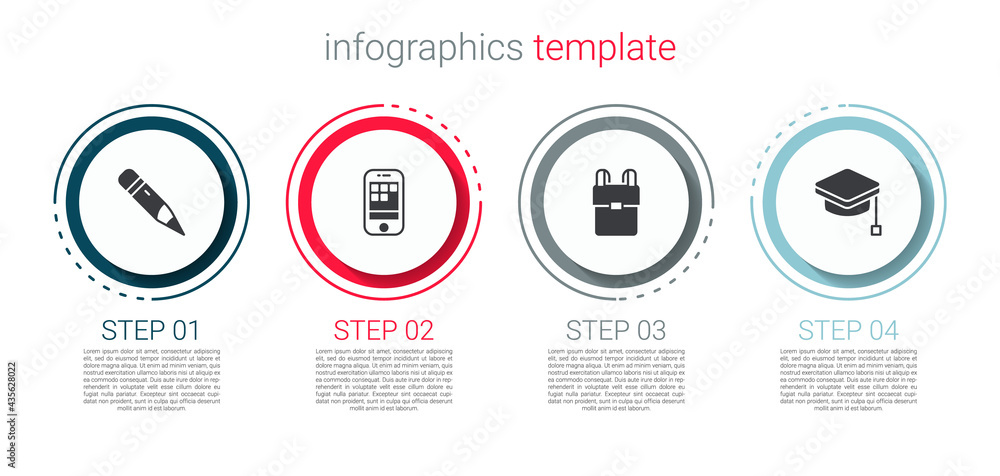 Set Pencil with eraser, Smartphone, School backpack and Graduation cap. Business infographic template. Vector Set Pencil with eraser, Smartphone, School backpack and Graduation cap. Business infographic template. Vector