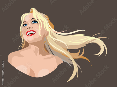 The Long haired blonde girl laughs. Graceful emotion. Beautiful female bust.Cute happy girl face.Colorful vector illustration