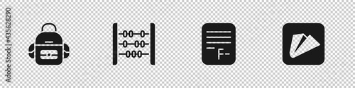 Set School backpack, Abacus, Exam paper with incorrect answers and Paper airplane icon. Vector