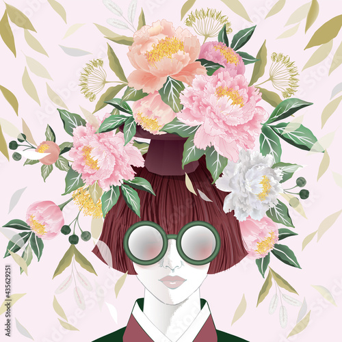 Vector illustration of a short-haired girl with flowers on her head, Korean traditional container decorating with flowers. Design for picture frame, poster, greeting card, and invitation