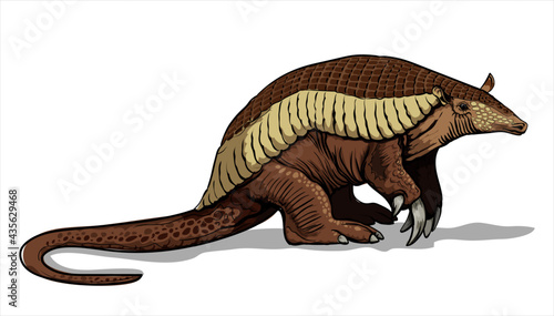 A giant armadillo with thick legs stands on the ground. Big fat animal. Mouse, a rodent with a long tail. Isolate, full color with stroke vector illustration