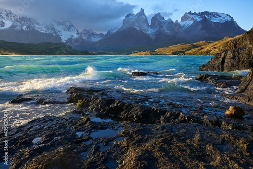 Lake Pehoe and Los Cuernos del Paine, Torres del Paine National Park, Ultima Esperanza Province, Magallanes and Chilean Antactica Region, Patagonia, Chile photo