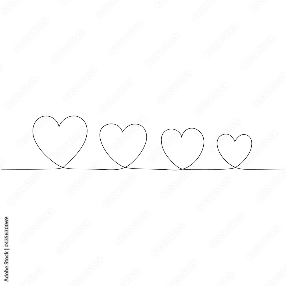 Four hearts at different sizes in continuous line drawing. Minimalist art. Vector illustration.