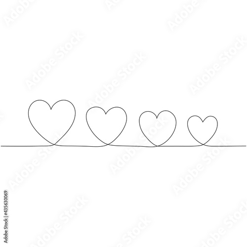 Four hearts at different sizes in continuous line drawing. Minimalist art. Vector illustration.