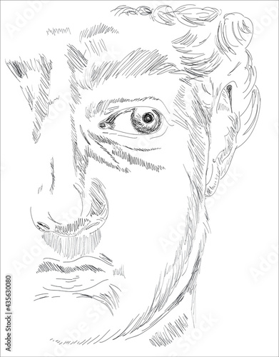 David face of Michelangelos sculpture the biblical hero David. Half of David's face vintage line drawing or engraving illustration