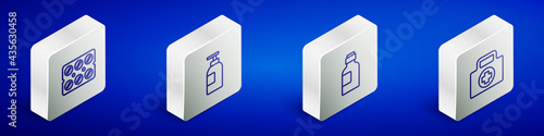 Set Isometric line Pills in blister pack, Hand sanitizer bottle, Bottle of medicine syrup and First aid kit icon. Vector