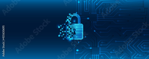 Data security concept design for personal privacy. Digital data network protection. Padlock with Keyhole icon and circuit board on blue background.